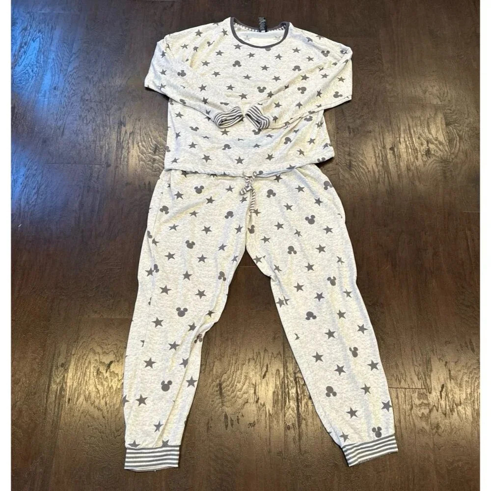 Womens Disney Mickey 2 PC Jogger Lounge Set Sleepwear PJ's Gray #35